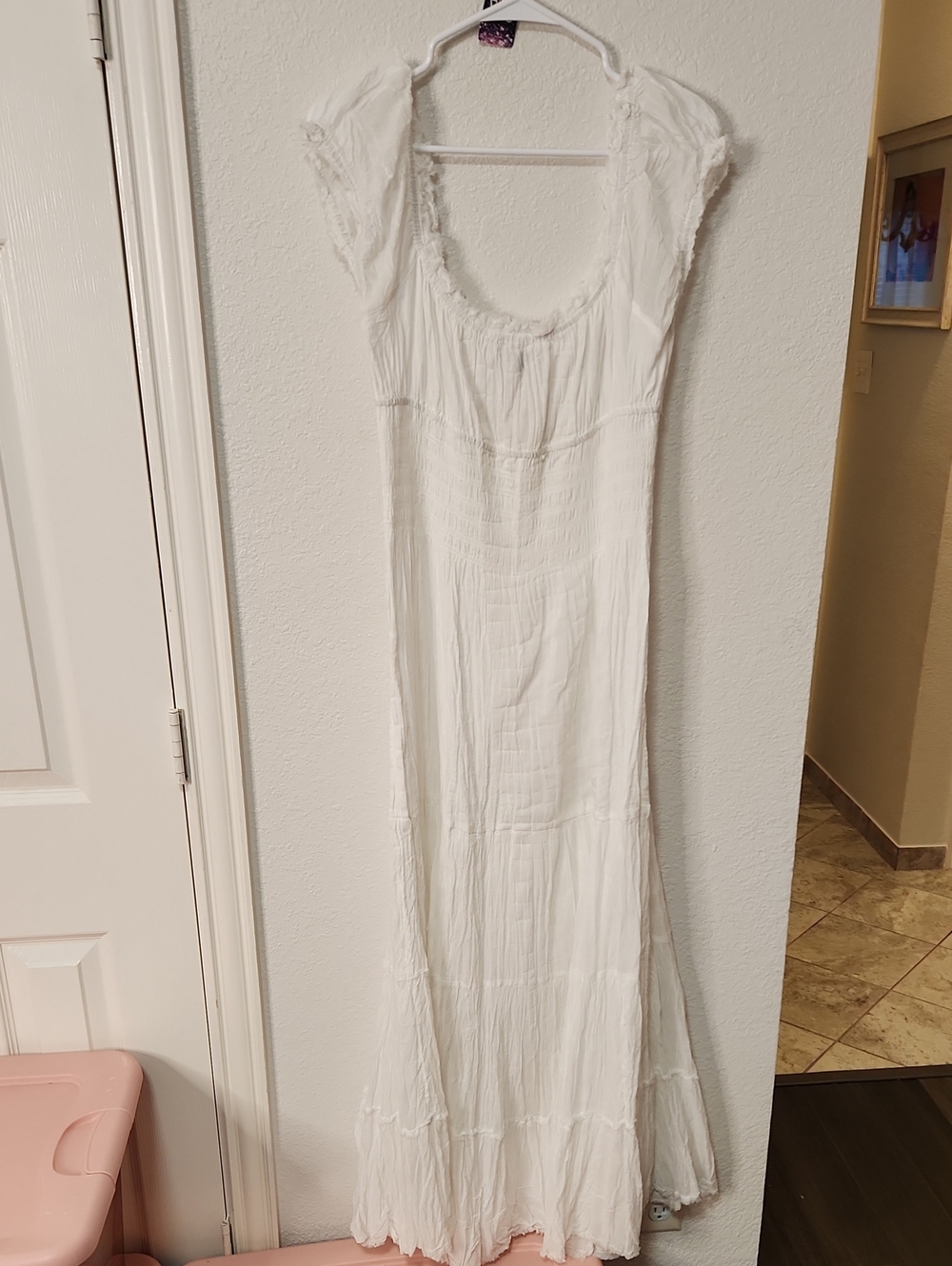 261.Kimchi Blue NWOT White Cotton Smocked Maxi Dress with Puff Sleeves - Picture 7 of 7